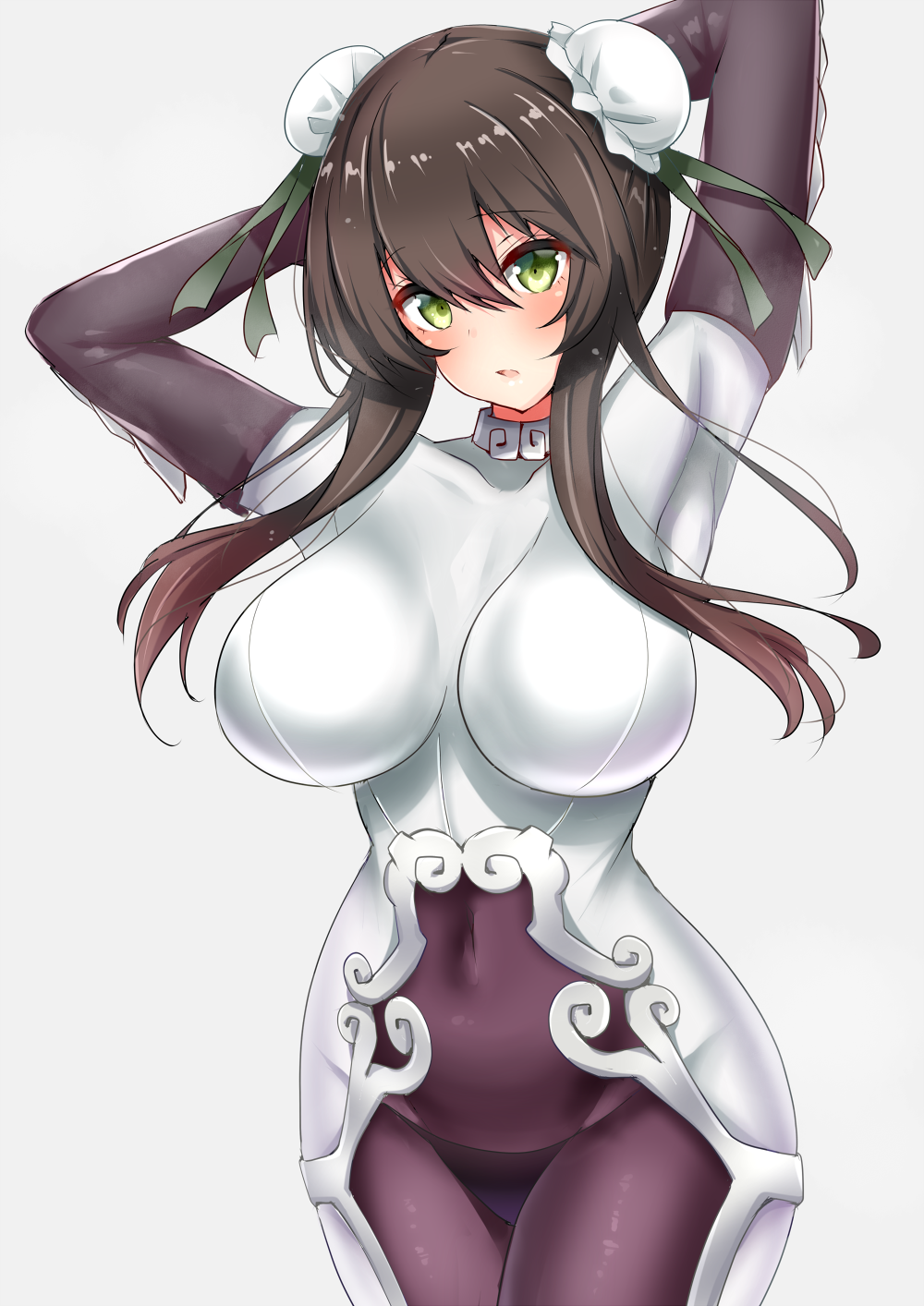 1girl armpits arms_behind_head arms_up bangs blush bodysuit breasts brown_hair bun_cover chinese_clothes commentary_request covered_navel double_bun fate/grand_order fate_(series) green_eyes green_ribbon hair_between_eyes hair_ribbon highres hips large_breasts long_hair looking_at_viewer parted_lips qin_liangyu_(fate) ribbon sankakusui sidelocks simple_background solo thighs white_background white_bodysuit