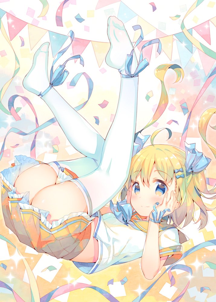 1girl ahoge ass bangs blonde_hair blue_bow blue_eyes blush bow commentary_request confetti eyebrows_visible_through_hair hair_between_eyes hair_bow hand_on_own_face hand_up legs_up lying meito_(maze) on_back orange_sailor_collar orange_skirt original pennant pleated_skirt sailor_collar school_uniform serafuku shirt short_sleeves skirt solo string_of_flags thigh-highs two_side_up white_background white_shirt