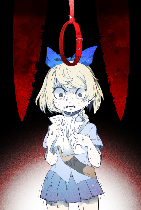 1girl backpack bag blood blood_splatter blue_ribbon dark_background empty_eyes hair_ribbon haru_(yomawari) holding holding_paper noose open_mouth paper pleated_skirt reading ribbon ryuu_rats scared school_uniform scissors shirt shocked_eyes short_sleeves shoulder_bag skirt spoilers sweat sweating_profusely tears teeth thigh_gap trembling white_shirt wide-eyed yomawari yomawari:_midnight_shadows