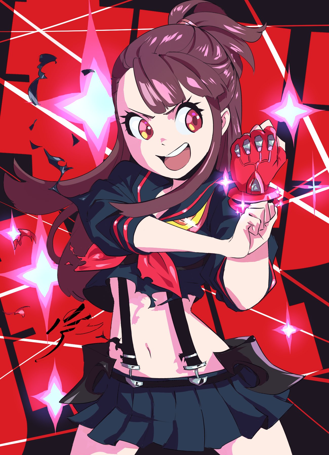 1girl aetherion black_skirt breasts brown_hair clenched_hand commentary cosplay crop_top crossover dissolving_clothes fingerless_gloves gloves highres kagari_atsuko kill_la_kill little_witch_academia long_hair matoi_ryuuko matoi_ryuuko_(cosplay) microskirt midriff navel open_mouth pleated_skirt red_eyes red_gloves school_uniform senketsu single_glove skirt small_breasts solo standing suspenders trigger_(company)