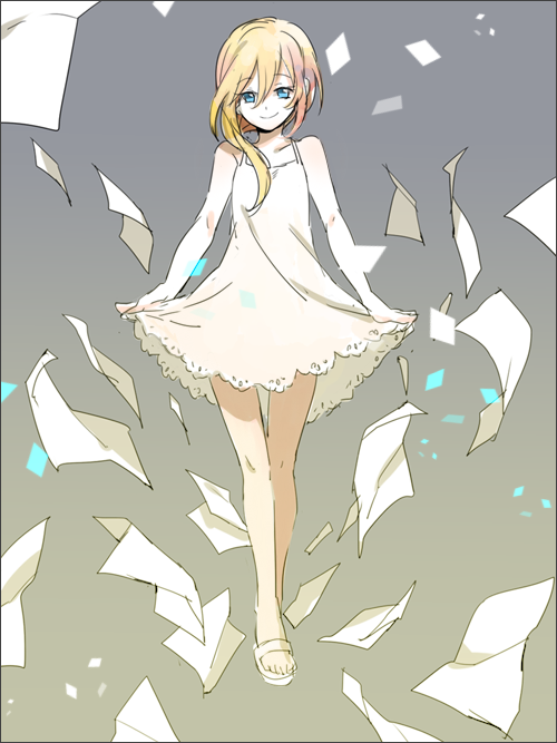 1girl bangs bare_arms bare_shoulders blonde_hair blue_eyes closed_mouth collarbone dress dress_lift eyebrows_visible_through_hair full_body gradient gradient_background hair_between_eyes hair_over_shoulder kingdom_hearts lifted_by_self long_hair namine paper sandals smile solo white_dress white_footwear yurichi_(artist)