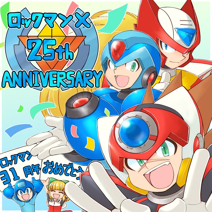 1girl 4boys android anniversary arm_cannon axl blonde_hair blue_eyes brown_hair capcom commentary_request copyright_name double_v green_eyes helmet long_hair male_focus multiple_boys open_mouth rockman rockman_(character) rockman_x roll scar smile spiky_hair teeth text_focus tobitori v weapon x_(rockman) zero_(rockman)