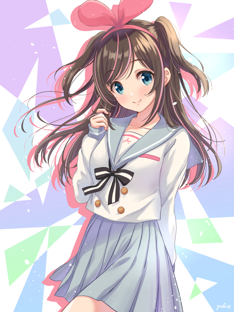 1girl a.i._channel arm_behind_back artist_name bangs black_neckwear blouse blue_eyes blush breasts brown_hair buttons closed_mouth collarbone commentary_request cowboy_shot eyebrows_visible_through_hair grey_sailor_collar grey_skirt hairband hand_up head_tilt kizuna_ai long_hair long_sleeves looking_at_viewer miniskirt multicolored_hair neck_ribbon pink_hair pleated_skirt ribbon sailor_collar school_uniform shirt sidelocks silhouette skirt sleeves_past_wrists small_breasts smile solo streaked_hair striped striped_neckwear swept_bangs tareme two_side_up virtual_youtuber white_shirt yuuki_(yukinko-02727)