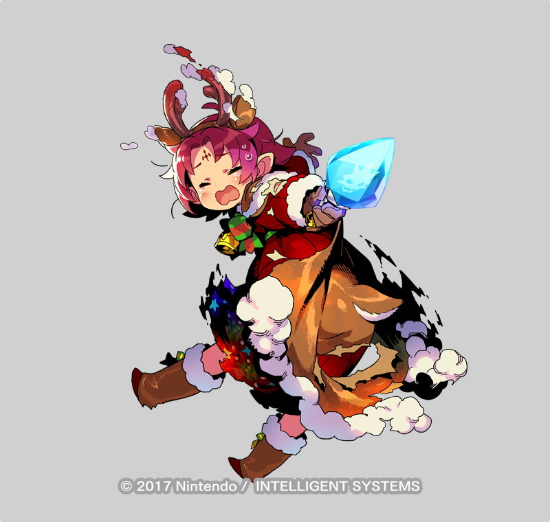 1girl antlers bell boots bow brown_gloves cape closed_eyes company_name copyright_name dress fa facial_mark fire_emblem fire_emblem:_fuuin_no_tsurugi fire_emblem_heroes forehead_mark full_body fur_trim gloves grey_background himukai_yuuji long_sleeves mamkute nintendo official_art open_mouth outstretched_arm pointy_ears purple_hair reindeer_antlers short_hair simple_background solo tears torn_clothes