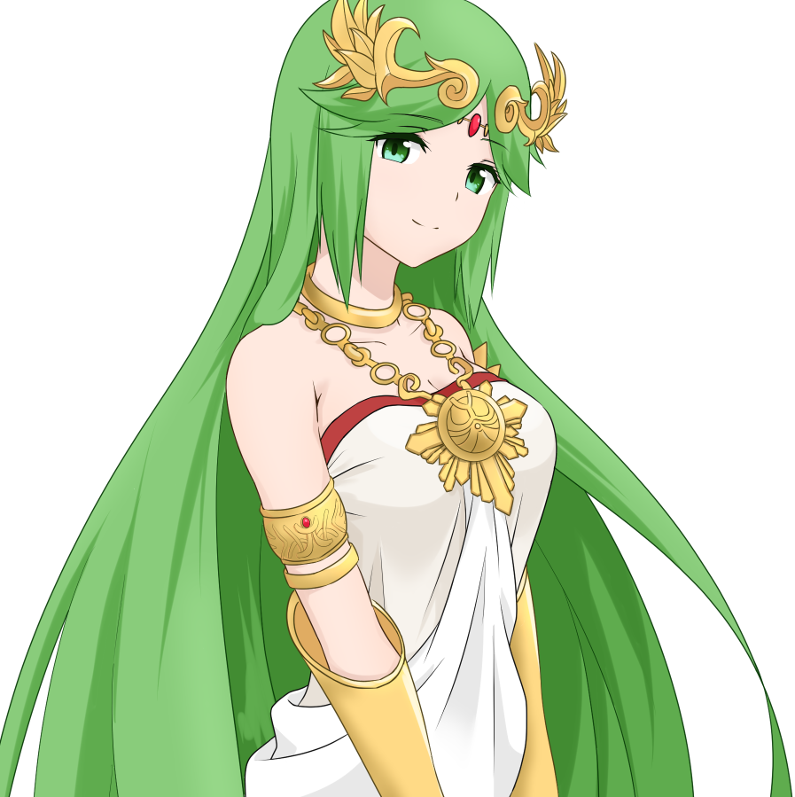 1girl armlet bare_shoulders bracer breasts circlet cleavage closed_mouth collarbone cute dress eyebrows_visible_through_hair gem goddess gold green_eyes green_hair jewelry kid_icarus large_breasts long_hair looking_at_viewer mito_engine moe neck_ring necklace nintendo palutena simple_background smile solo straight_hair strapless strapless_dress very_long_hair white_background white_dress