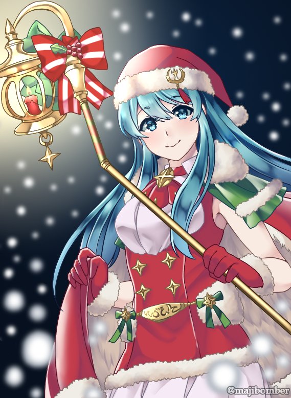 1girl aqua_eyes aqua_hair bow candle cape closed_mouth eirika fire_emblem fire_emblem:_seima_no_kouseki fire_emblem_heroes fur_trim gloves hat holding holding_staff long_hair maji_(majibomber) nintendo pom_pom_(clothes) red_gloves red_hat santa_costume santa_hat sleeveless smile snowing solo staff twitter_username upper_body