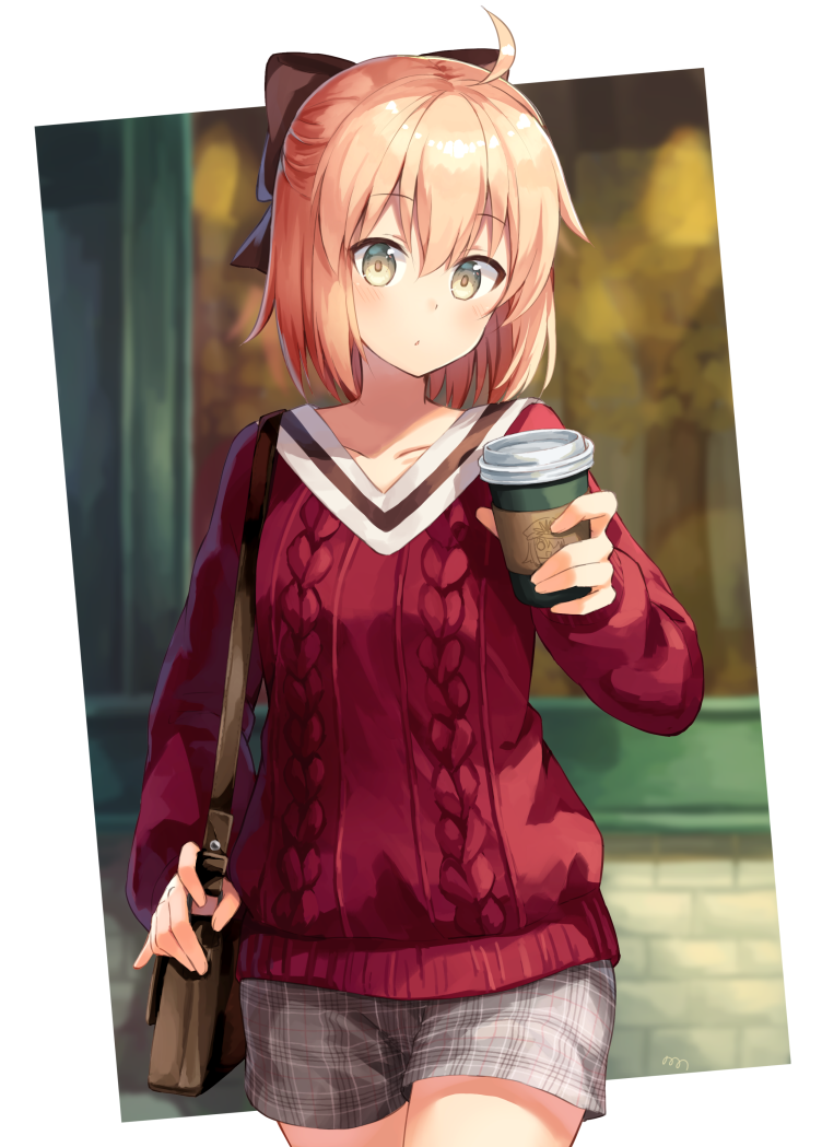 1girl ahoge aran_sweater bag black_bow blush bow breasts brown_hair closed_mouth coffee_cup collarbone cup disposable_cup expressionless eyebrows_visible_through_hair fate/grand_order fate_(series) grey_eyes hair_bow handbag holding holding_cup long_sleeves looking_at_viewer medium_breasts nonono okita_souji_(fate) okita_souji_(fate)_(all) plaid plaid_shorts red_sweater short_hair shorts solo sweater