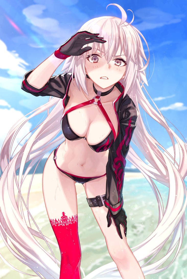 1girl antenna_hair bangs beach bikini black_bikini black_gloves blue_sky blurry blurry_background blush breasts brown_eyes cleavage clouds collarbone commentary_request day depth_of_field fate/grand_order fate_(series) gloves gluteal_fold halterneck hand_on_own_knee hand_up jeanne_d'arc_(alter_swimsuit_berserker) jeanne_d'arc_(fate)_(all) large_breasts leaning_forward leg_belt legs_apart long_hair looking_at_viewer m-ya navel o-ring o-ring_top ocean outdoors parted_lips red_legwear shading_eyes shrug_(clothing) single_thighhigh sky solo standing swimsuit teeth thigh-highs twitter_username very_long_hair water white_hair