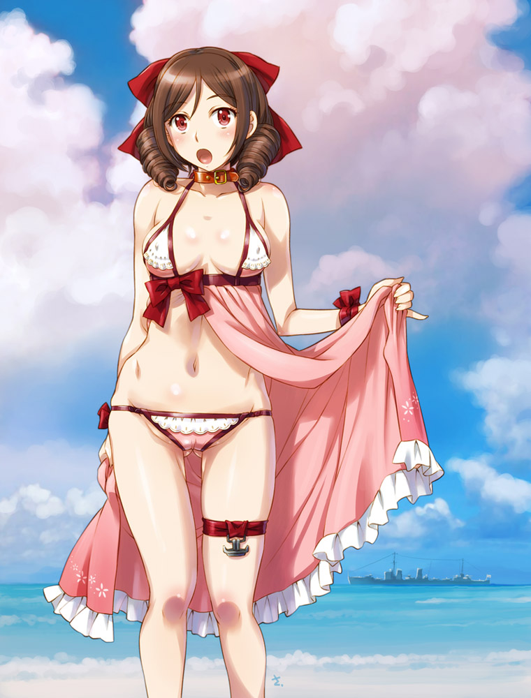 1girl alternate_costume anchor bikini blue_sky bow breasts brown_hair clouds cloudy_sky destroyer drill_hair eyebrows_visible_through_hair hair_between_eyes hair_bow harukaze_(kantai_collection) kantai_collection looking_at_viewer military military_vehicle navel ocean red_bow red_eyes sameha_ikuya ship sky small_breasts solo swimsuit twin_drills warship watercraft