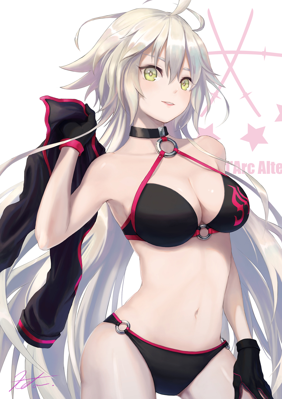 1girl bangs bare_shoulders bikini black_bikini black_choker black_gloves black_jacket breasts character_name choker cleavage cowboy_shot eyes_visible_through_hair fate/grand_order fate_(series) gloves green_eyes hair_between_eyes hand_on_own_thigh hand_up highres holding holding_clothes holding_jacket jacket jeanne_d'arc_(alter_swimsuit_berserker) jeanne_d'arc_(fate)_(all) katana kota_(tokiwa) large_breasts legs_apart long_hair navel o-ring o-ring_bikini o-ring_bottom o-ring_top parted_lips pink_lips signature silver_hair solo star swimsuit sword very_long_hair weapon white_background