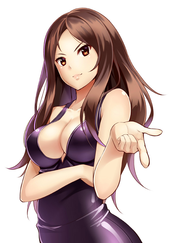 1girl bangs breasts brown_eyes brown_hair cleavage collarbone gradient_hair huyumitsu index_finger_raised large_breasts long_hair multicolored_hair original parted_bangs purple_hair shiny shiny_clothes shiny_hair simple_background sleeveless smile solo two-tone_hair upper_body very_long_hair white_background