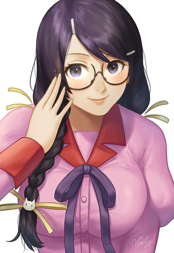 1girl bakemonogatari blush braid breasts closed_mouth glasses hair_ornament hairclip hanekawa_tsubasa large_breasts looking_at_viewer monogatari_(series) natsuyu ribbon school_uniform semi-rimless_eyewear smile twin_braids