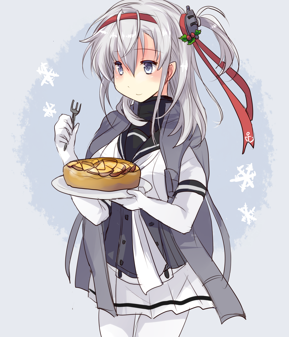 1girl anchor_symbol black_sailor_collar bodysuit closed_mouth corset cowboy_shot eyebrows_visible_through_hair food fork gloves grey_eyes grey_jacket hachimaki hair_between_eyes hair_flaps hair_ornament headband hirune_(konekonelkk) holding holding_fork holding_plate holly_hair_ornament jacket jacket_on_shoulders kantai_collection long_hair miniskirt neckerchief one_side_up pie plate red_headband sailor_collar silver_hair skirt snowflakes solo suzutsuki_(kantai_collection) white_bodysuit white_gloves white_neckwear white_skirt