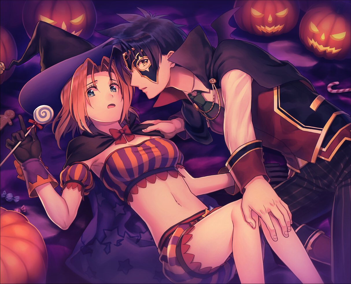 1boy 1girl armpits blonde_hair breasts cecilia_lynne_adelhyde cleavage commentary_request halloween hat legs midriff navel short_hair shorts wild_arms wild_arms:_million_memories wild_arms_1 yururi-ra