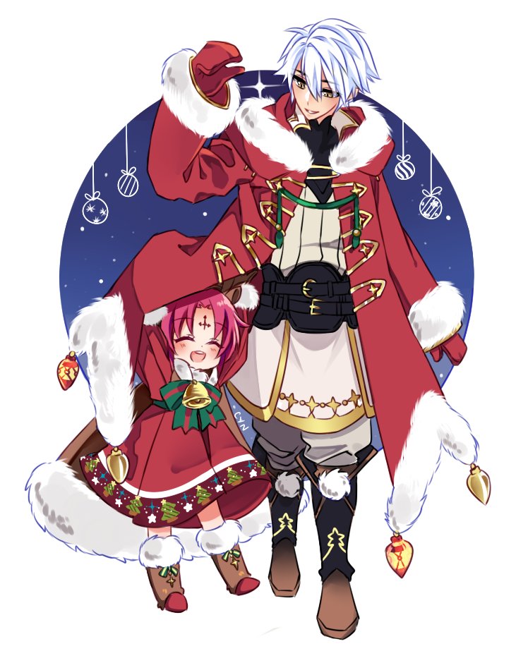 1boy 1girl arms_up bell belt boots bow cape closed_eyes cynphonium dress fa facial_mark fire_emblem fire_emblem:_fuuin_no_tsurugi fire_emblem:_kakusei fire_emblem_heroes forehead_mark fur_trim long_sleeves male_my_unit_(fire_emblem:_kakusei) mamkute mittens my_unit_(fire_emblem:_kakusei) nintendo open_mouth parted_lips purple_hair red_mittens short_hair white_hair