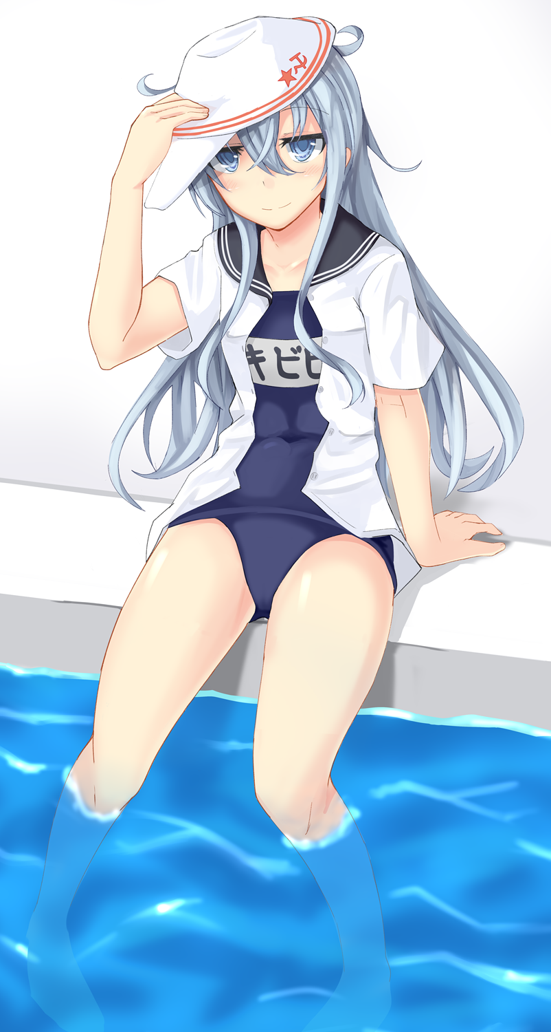 1girl adjusting_clothes adjusting_hat ass_visible_through_thighs barefoot blue_eyes blue_sailor_collar blue_swimsuit blush collarbone eyebrows_visible_through_hair flat_cap from_below full_body hair_between_eyes hammer_and_sickle hat hibiki_(kantai_collection) highres kantai_collection long_hair long_sleeves looking_at_viewer name_tag old_school_swimsuit one-piece_swimsuit open_clothes open_shirt outdoors peaked_cap pool poolside remodel_(kantai_collection) sailor_collar school_swimsuit school_uniform senekio shirt silver_hair simple_background sitting smile soaking_feet solo star swimsuit swimsuit_under_clothes verniy_(kantai_collection) wading water white_background white_hat white_shirt