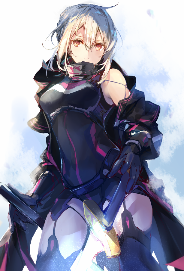 1girl armor artoria_pendragon_(all) blonde_hair bodysuit breasts contrapposto excalibur fate/grand_order fate_(series) fukuda935 garter_straps hair_between_eyes medium_breasts mysterious_heroine_x_(alter) open_mouth single_pauldron solo sword thigh-highs thighs weapon yellow_eyes