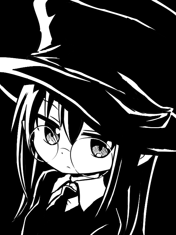 1girl bangs black_background closed_mouth collared_shirt expressionless eyebrows_visible_through_hair glasses greyscale hair_between_eyes hat hitsugi_katsugi_no_kuro kuro_(hitsugi_katsugi_no_kuro) long_hair looking_at_viewer monochrome naga_u necktie round_eyewear shirt simple_background solo upper_body