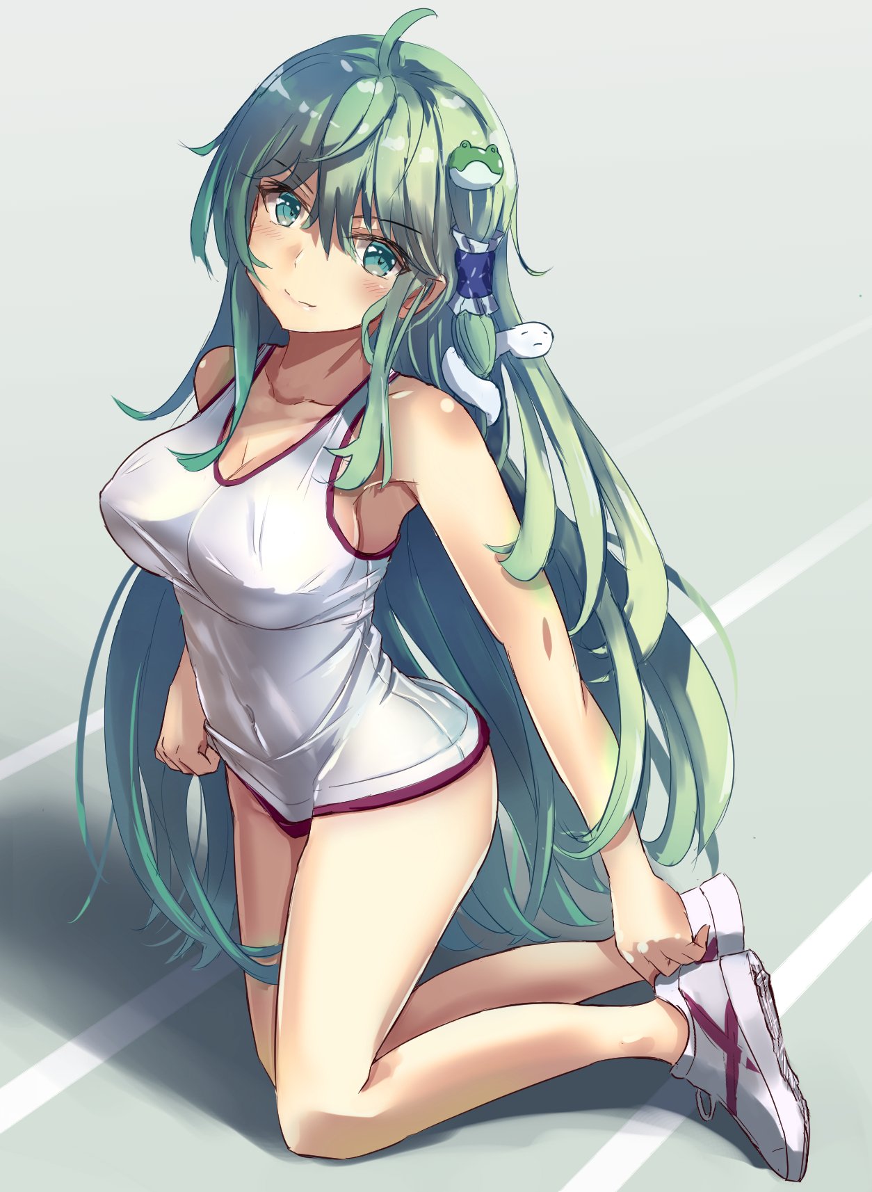 1girl ahoge alternate_costume bangs bare_arms bare_legs bare_shoulders bottomless breasts cleavage closed_mouth collarbone commentary_request covered_nipples frog_hair_ornament full_body green_eyes green_hair hair_between_eyes hair_ornament hair_tubes highres kaeru_kaeru_a kneeling kochiya_sanae large_breasts long_hair looking_at_viewer shoes snake_hair_ornament solo tank_top touhou very_long_hair white_footwear