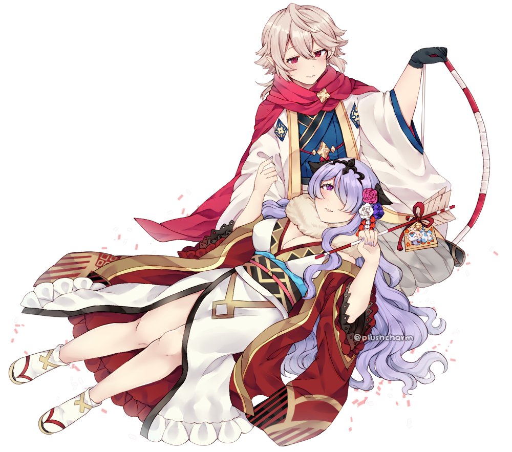 1boy 1girl black_gloves bow_(weapon) breasts camilla_(fire_emblem_if) cleavage closed_mouth commission fire_emblem fire_emblem_heroes fire_emblem_if flower gloves hair_flower hair_ornament hair_over_one_eye holding holding_bow_(weapon) holding_weapon japanese_clothes lap_pillow lilith_(fire_emblem_if) long_hair male_my_unit_(fire_emblem_if) my_unit_(fire_emblem_if) nintendo parted_lips plushcharm pointy_ears purple_hair red_eyes sandals short_hair side_slit simple_background sitting tabi tiara twitter_username violet_eyes weapon white_background white_hair