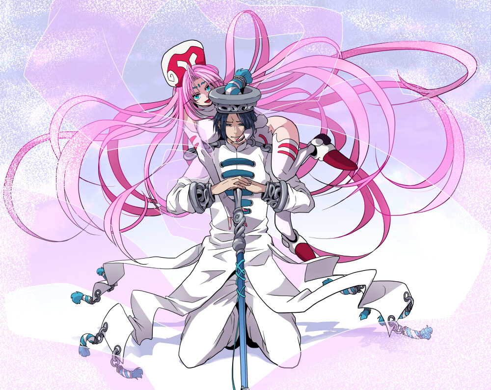 1boy 1girl bangs bare_shoulders black_hair blue_eyes breasts chuuou elbow_gloves facial_mark fingerless_gloves forehead_mark full_body gloves hagoromo hat highleg highleg_leotard houshin_engi large_breasts leotard long_eyelashes long_hair open_mouth p-puu pink_hair shawl sheath sheathed simple_background smile so_dakki sword thigh-highs weapon white_gloves white_legwear