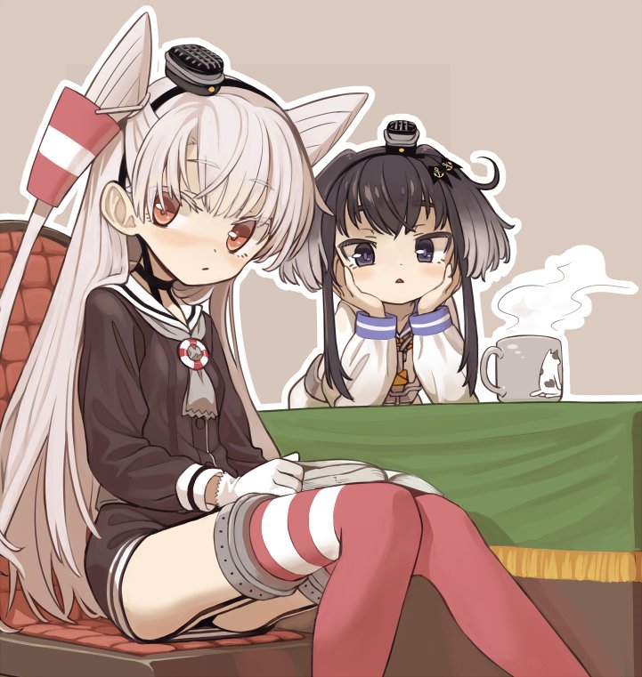 2girls amatsukaze_(kantai_collection) anchor_symbol black_hair book brown_background brown_dress brown_eyes cat chair commentary_request cup dress garter_straps gloves gradient_hair hair_tubes hat kantai_collection long_hair mini_hat monaka_ooji mug multicolored_hair multiple_girls red_legwear sailor_dress short_dress short_hair short_hair_with_long_locks sidelocks silver_hair simple_background single_glove sitting steam striped striped_legwear table thigh-highs tokitsukaze_(kantai_collection) two_side_up windsock