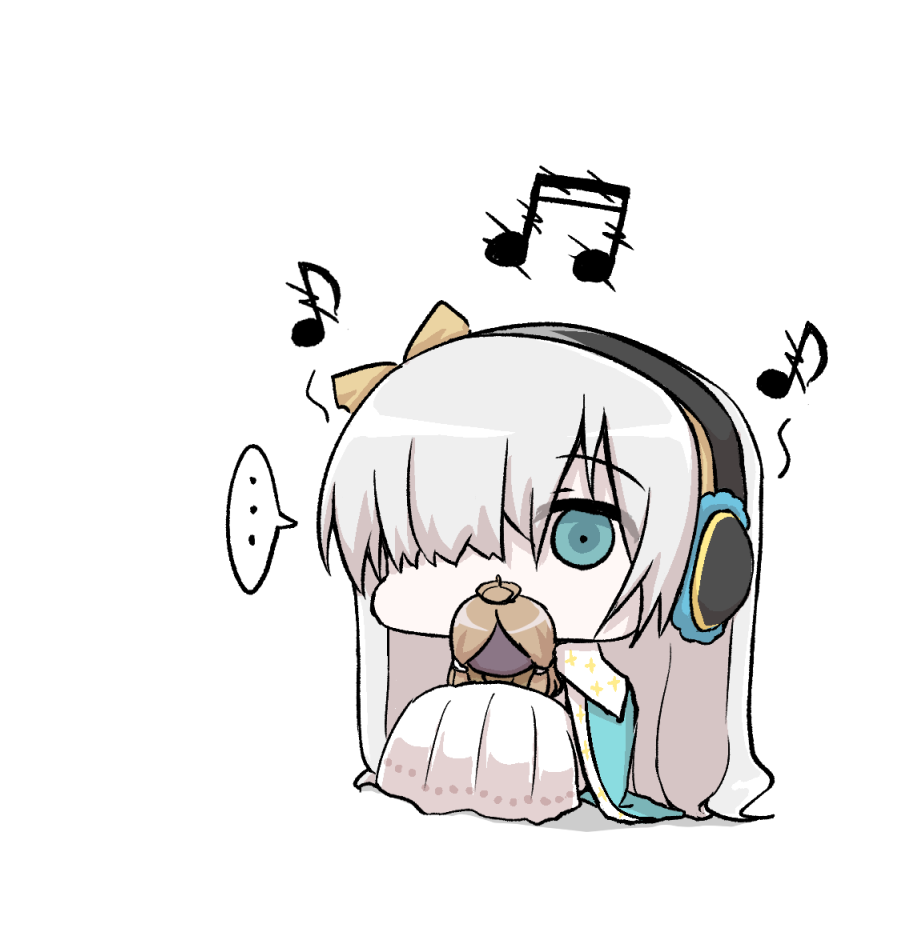 ... 1girl anastasia_(fate/grand_order) bangs beamed_eighth_notes blue_cloak blue_eyes chibi cloak commentary_request covered_mouth crown dress eighth_note eyebrows_visible_through_hair fate/grand_order fate_(series) full_body hair_over_one_eye headphones light_brown_hair long_hair looking_at_viewer mini_crown musical_note nenosame royal_robe shadow silver_hair sitting solo spoken_ellipsis very_long_hair white_background white_dress