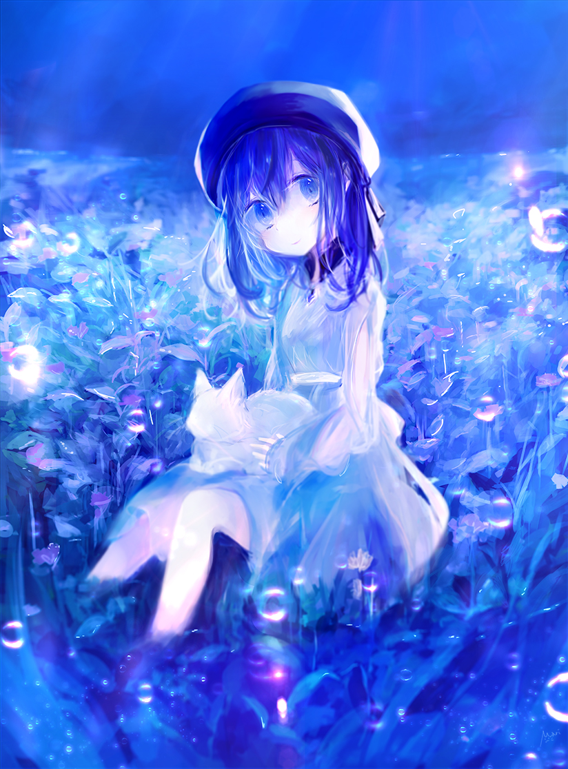 1girl animal animal_on_lap bangs beret blue cat cat_on_lap dress flower hat hat_ribbon koneko_mari long_sleeves original outdoors ribbon sitting soaking_feet solo stream water_drop white_cat