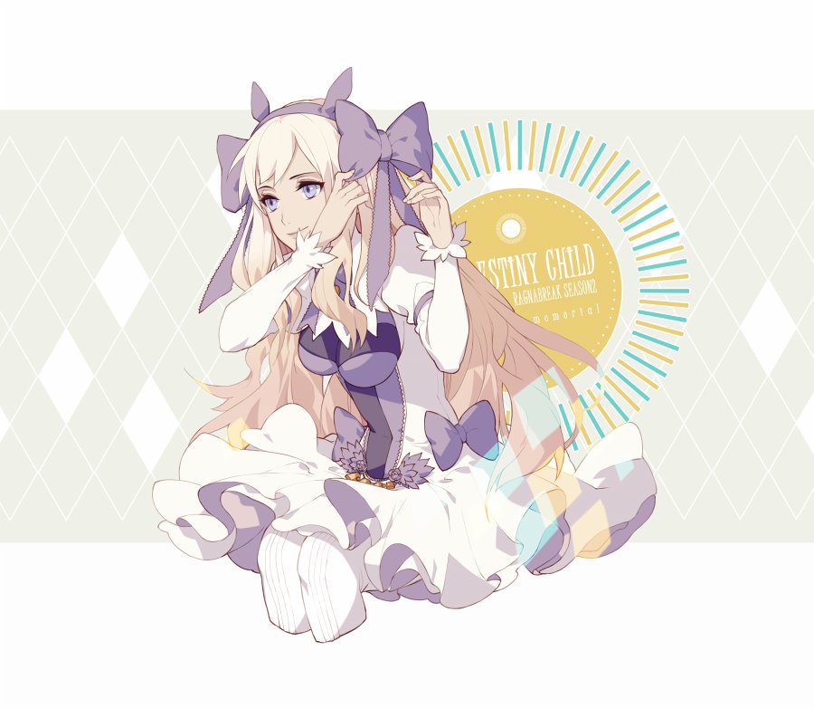 1girl blonde_hair bow breasts character_request closed_mouth cropped_legs destiny_child dress grey_bow grey_hairband grey_ribbon hair_ribbon hairband hands_up invisible_chair long_hair long_sleeves medium_breasts pantyhose protected_link ribbon sitting smile solo violet_eyes white_dress white_legwear yue_(kingdom1259)