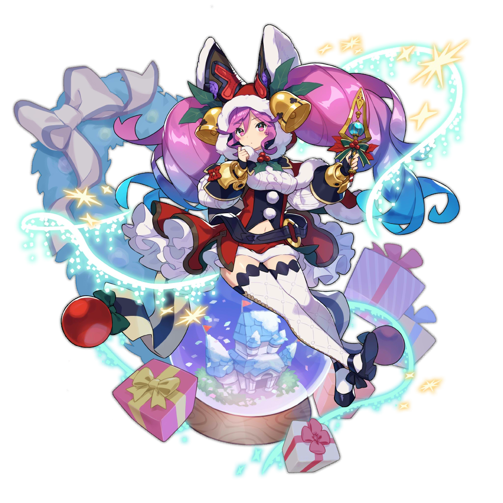 1girl artist_request box castle cleo_(dragalia_lost) dagger dragalia_lost gift gift_box gradient_hair hood long_hair looking_at_viewer midriff_cutout multicolored_hair non-web_source official_art pink_hair purple_hair ribbon santa_costume snow_globe solo thigh-highs twintails violet_eyes weapon