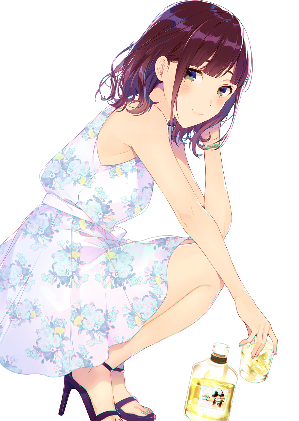 1girl alcohol armpit_crease bangs bare_arms bare_shoulders belt black_footwear blush bottle bracelet brown_eyes closed_mouth cup dress drinking_glass floral_print from_side hand_up high_heels highres holding holding_cup jewelry looking_at_viewer looking_to_the_side mole mole_on_neck nijisanji purple_hair short_hair sidelocks simple_background sleeveless sleeveless_dress smile solo squatting suzuka_utako virtual_youtuber wavy_hair white_background white_dress yoshida_bana