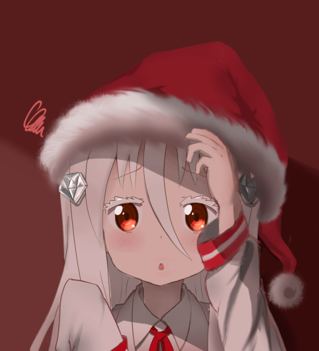 diamond_hair_ornament hand_on_headwear hat himouto!_umaru-chan jacket kongou_hikari long_hair long_sleeves moemaru red_background red_ribbon ribbon santa_hat school_uniform silver_hair sleeves_past_wrists white_jacket