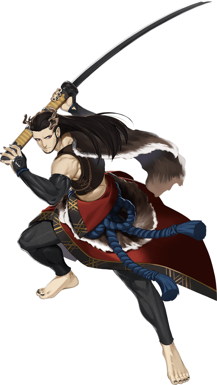 1boy barefoot beard black_hair black_legwear black_nails facial_hair highres ishitsu_kenzou japanese_clothes leggings long_hair male_focus nail_polish nenekirimaru official_art ootachi pelt solo stance sword toenail_polish touken_ranbu transparent_background weapon