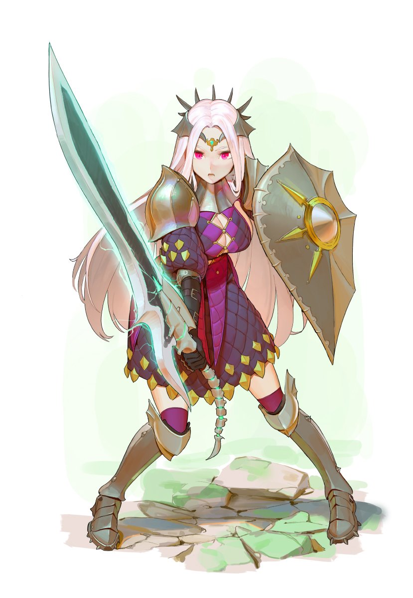 1girl black_gloves boots breasts dress elbow_gloves full_body gloves green_skin highres holding holding_shield holding_sword holding_weapon knee_boots large_breasts long_hair looking_at_viewer metal_boots open_mouth original pauldrons puffy_sleeves red_eyes shield solo standing sword tiara tim_loechner very_long_hair weapon white_hair