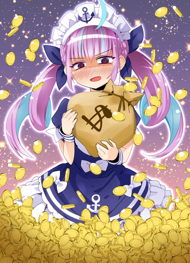 1girl @_@ ahoge anchor_symbol blush coin commentary_request drill_hair falling gold gold_coin hair_ribbon holding_object hololive long_hair looking_at_viewer minato_aqua moneybag multicolored_hair open_mouth purple_hair ribbon semahiro solo sparkle_background twin_drills violet_eyes virtual_youtuber