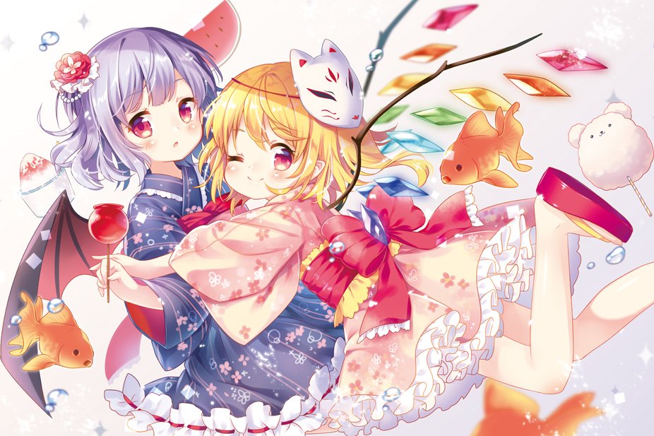 2girls :o ;) air_bubble alternate_costume bat_wings blonde_hair blue_kimono blurry bow bubble candy_apple closed_mouth cotton_candy crystal depth_of_field fish flandre_scarlet floral_print flower food fox_mask frills from_side fruit glomp goldfish hair_flower hair_ornament holding holding_food hug japanese_clothes kimono kimono_skirt knee_blush long_sleeves looking_at_viewer mask mask_on_head mimi_(mimi_puru) multiple_girls no_hat no_headwear obi one_eye_closed one_side_up open_mouth petticoat pink_kimono platform_footwear pointy_ears purple_hair red_bow red_eyes remilia_scarlet sandals sash shaved_ice short_hair short_kimono siblings sisters smile touhou watermelon white_background wide_sleeves wings