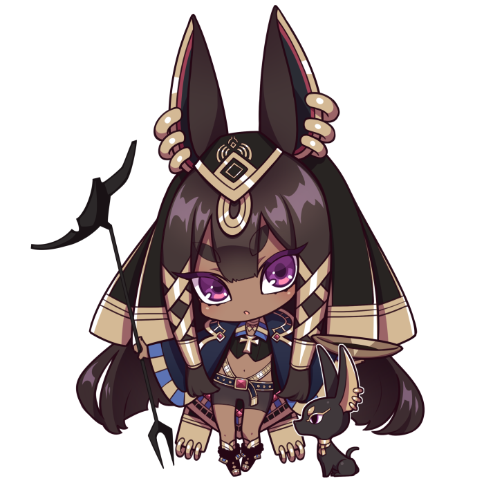 1girl animal_ears ankh anubis belt big_hair bike_shorts black_hair boots chibi dog earpiece earrings eyebrows_visible_through_hair hair_tubes jewelry long_hair looking_at_viewer navel original parted_lips solo standing transparent_background violet_eyes westxost_(68monkey)