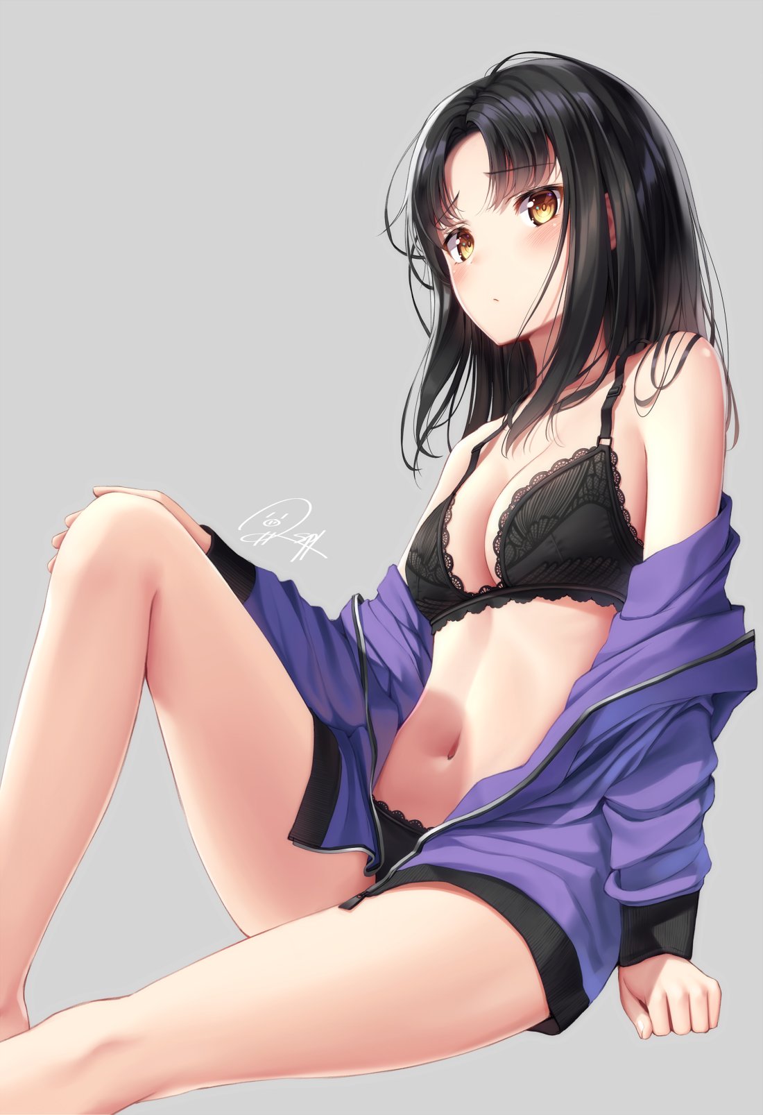 1girl arm_support bangs bare_legs black_bra black_hair black_panties bra breasts brown_eyes cardigan cleavage closed_mouth eyebrows_visible_through_hair frown grey_background hand_on_own_knee highres knee_up looking_at_viewer medium_breasts off_shoulder open_cardigan open_clothes original panties parted_bangs purple_cardigan sidelocks signature simple_background solo superpig underwear