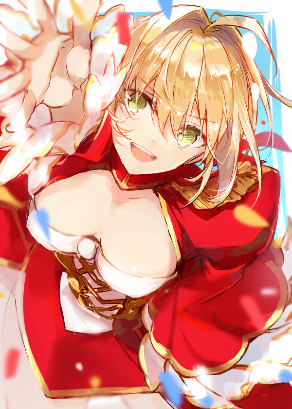 1girl ahoge arm_at_side breasts cleavage corset dutch_angle epaulettes fate/grand_order fate_(series) from_above fukuda935 green_eyes hair_between_eyes hair_intakes juliet_sleeves large_breasts long_sleeves looking_at_viewer nero_claudius_(fate) nero_claudius_(fate)_(all) outstretched_hand petals puffy_sleeves smile solo wide_sleeves