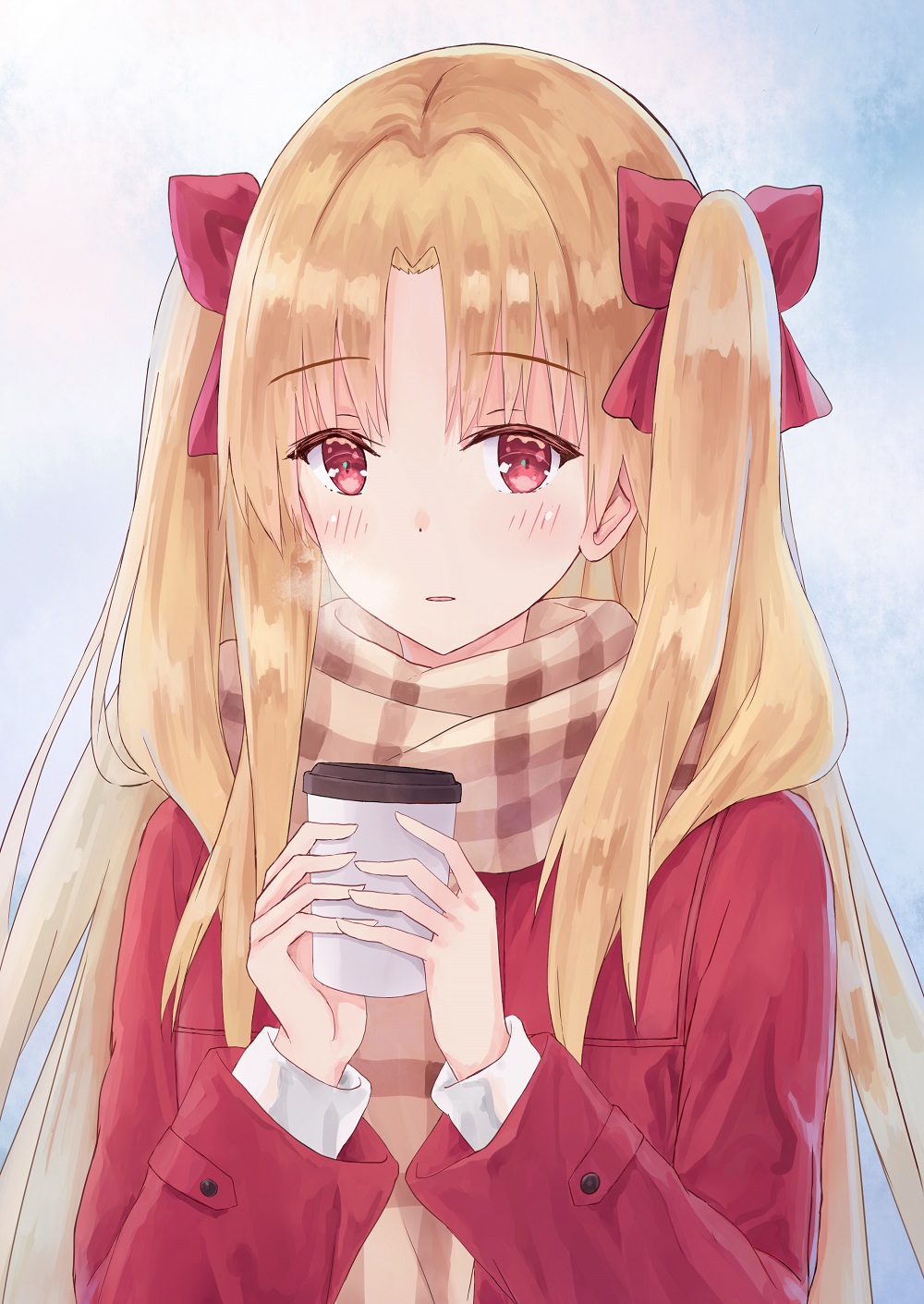 1girl akaya_(pixiv20545353) bangs blonde_hair blush bow breath brown_scarf coat coffee_cup commentary_request cup disposable_cup ereshkigal_(fate/grand_order) eyebrows_visible_through_hair fate/grand_order fate_(series) hair_bow highres holding holding_cup long_hair looking_at_viewer parted_bangs parted_lips plaid plaid_scarf red_bow red_coat red_eyes scarf solo two_side_up upper_body very_long_hair