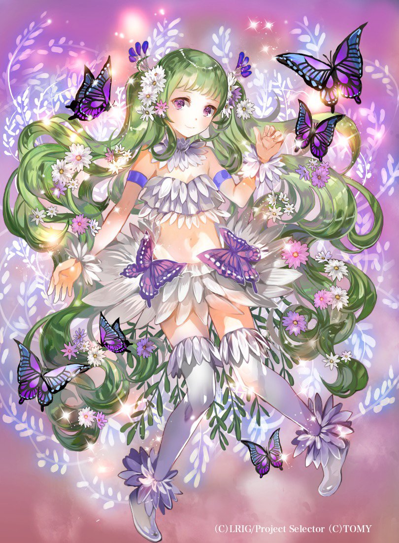 1girl absurdly_long_hair armband bangs bare_shoulders boots bug butterfly closed_mouth crop_top detached_collar flower full_body glint gradient gradient_background green_hair hair_flower hair_ornament hand_up insect leaf long_hair looking_at_viewer midriff miniskirt navel pink_flower plant purple_background rioka_(southern_blue_sky) skirt smile solo thigh-highs thigh_boots twintails very_long_hair vines violet_eyes watermark wavy_hair white_flower white_footwear white_skirt wixoss zettai_ryouiki