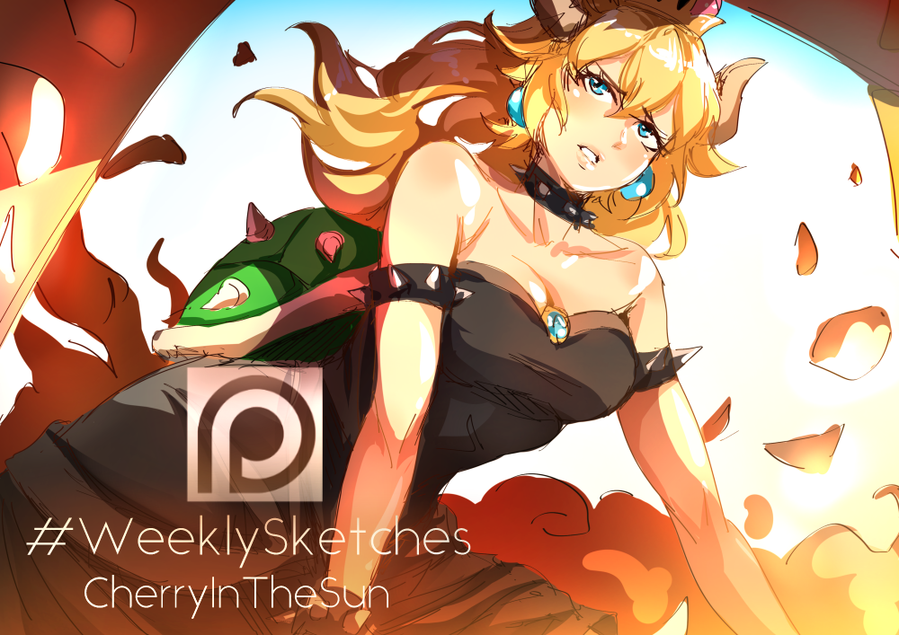 1girl bare_shoulders black_collar black_dress blonde_hair blue_earrings blue_eyes bowsette breasts cherry_in_the_sun collar commentary crown dress earrings english_commentary genderswap horns jewelry long_hair super_mario_bros. medium_breasts nintendo parted_lips patreon_logo pointy_ears sharp_teeth skirt solo spiked_armlet spiked_collar spiked_shell spikes strapless strapless_dress super_crown super_mario_bros. teeth turtle_shell