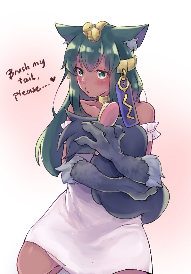 1girl animal_ears anubis_(monster_girl_encyclopedia) bare_shoulders blush brush commission dress ears_down english eyebrows_visible_through_hair green_eyes green_hair hair_ornament heart holding_brush long_hair looking_at_viewer maguko monster_girl monster_girl_encyclopedia parted_lips paws pink_background sitting snake_hair_ornament solo tail white_dress wolf_ears wolf_tail