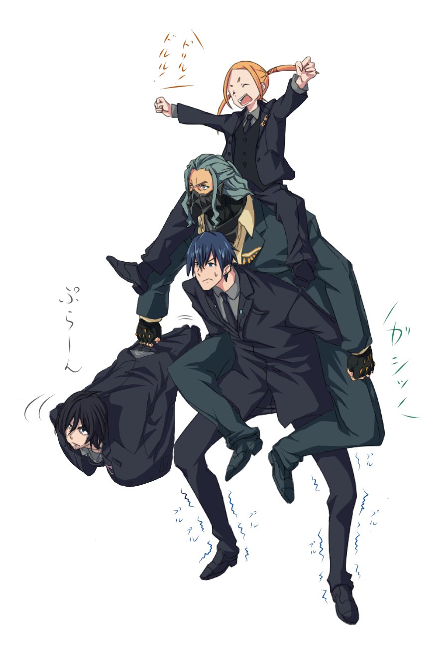 4boys black_gloves black_hair blue_hair borr carrying formal gloves green_hair half_updo highres long_hair male_focus mask max_(ssss.gridman) multiple_boys necktie orange_hair piggyback samurai_calibur shoulder_carry simple_background ssss.gridman struggling suit sweatdrop twintails vit wavy_hair white_background