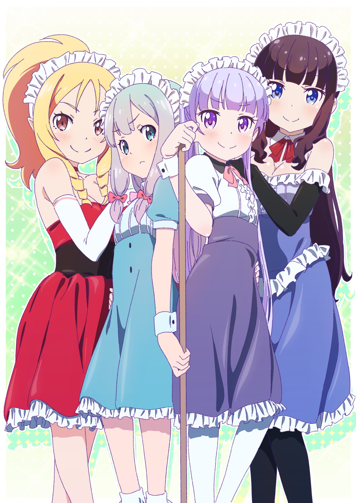 4girls aqua_eyes black_gloves black_hair black_legwear blonde_hair blue_dress blue_eyes bow breasts broom brown_eyes cleavage crossover dress drill_hair elbow_gloves eromanga_sensei frilled_skirt frills gloves hair_bow highres izumi_sagiri long_hair looking_at_viewer low-tied_long_hair maid maid_headdress medium_breasts multiple_girls new_game! pantyhose pink_bow pink_x ponytail purple_hair purple_skirt red_dress ringlets silver_hair skirt smile socks sparkle_background standing suzukaze_aoba takimoto_hifumi twin_drills twintails very_long_hair violet_eyes white_gloves white_legwear wrist_cuffs yamada_elf