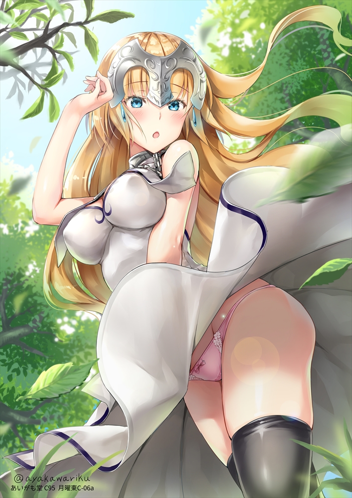 1girl :o ayakawa_riku blonde_hair blue_eyes blush breasts commentary_request dress erect_nipples fate/grand_order fate_(series) forest grass headpiece jeanne_d'arc_(fate) jeanne_d'arc_(fate)_(all) large_breasts leaf long_dress long_hair looking_at_viewer nature panties pantyshot pantyshot_(standing) pink_panties solo standing tree twitter_username underwear white_dress wind wind_lift