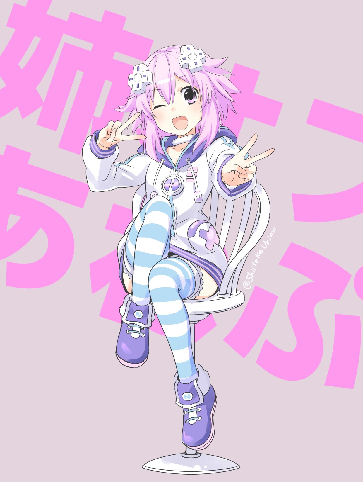 1girl ;o blush chair choker commentary_request d-pad d-pad_hair_ornament double_v full_body hair_between_eyes hair_ornament highres hood hooded_jacket jacket knee_up legs looking_at_viewer neptune_(choujigen_game_neptune) neptune_(series) one_eye_closed purple_footwear purple_hair shiitake_urimo short_hair_with_long_locks signature sitting solo striped thigh-highs usb v violet_eyes white_choker