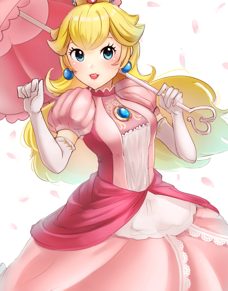 1girl :d bangs blonde_hair blue_eyes breasts brooch crown dress earrings elbow_gloves gloves hands_up haru_(nakajou-28) holding holding_umbrella jewelry long_hair looking_at_viewer super_mario_bros. medium_breasts nintendo open_mouth over_shoulder parasol pink_dress pink_umbrella princess princess_peach puffy_short_sleeves puffy_sleeves short_sleeves smile solo teeth umbrella white_background white_gloves