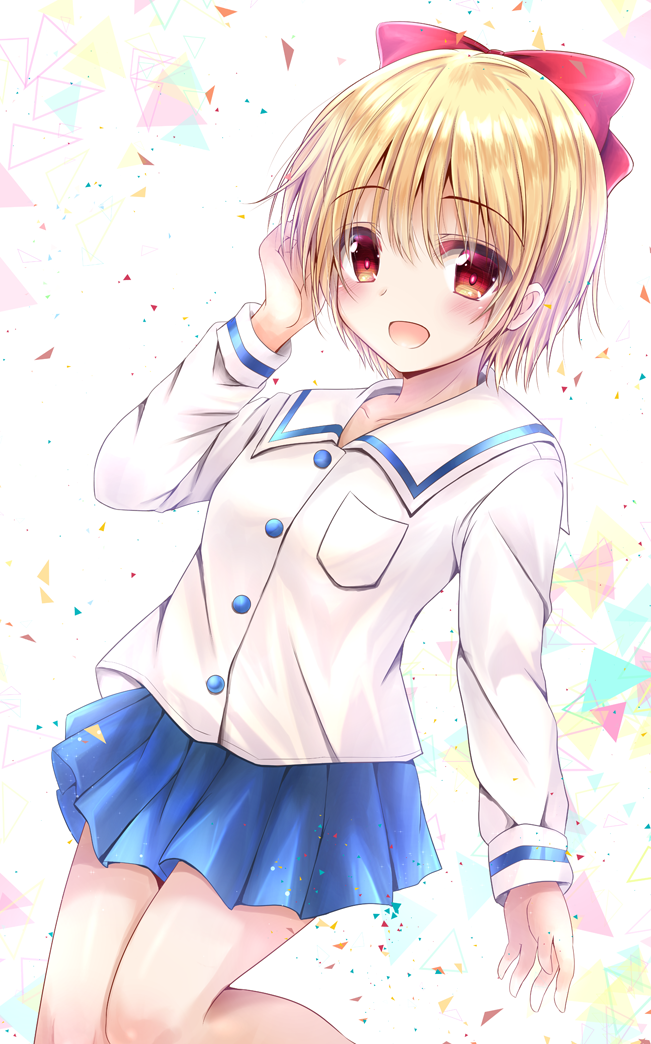 1girl :d bangs blonde_hair blue_skirt blush bow commentary_request dress_shirt eyebrows_visible_through_hair hair_between_eyes hair_bow hime-chan_no_ribbon long_sleeves looking_at_viewer nonohara_himeko open_mouth pleated_skirt red_bow red_eyes sailor_collar school_uniform serafuku shaian shirt skirt smile solo white_background white_sailor_collar white_shirt