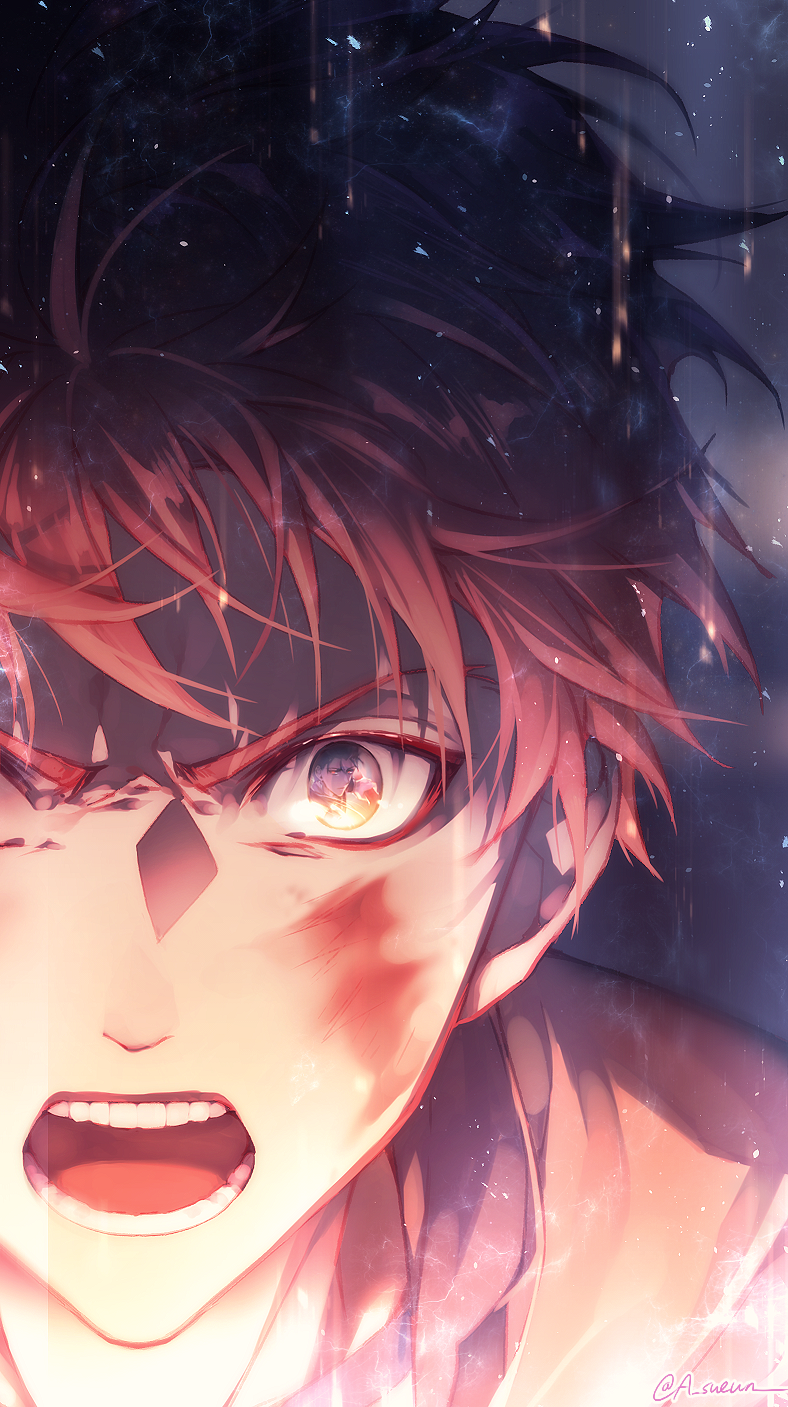 2boys blood blood_on_face blue_hair close-up commentary_request emiya_shirou face fate/stay_night fate_(series) gae_bolg h_sueun highres holding holding_weapon lancer light_particles male_focus multiple_boys open_mouth orange_eyes polearm portrait red_eyes redhead reflection reflective_eyes spear weapon